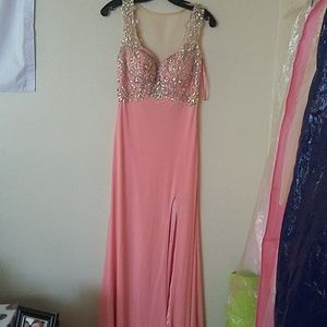 Beaded top, coral prom dress